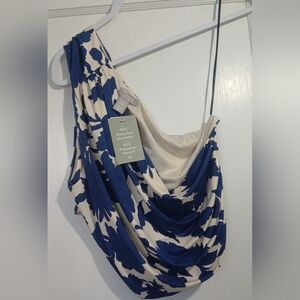 H&M Blue and Cream Floral One Shoulder Crop Top